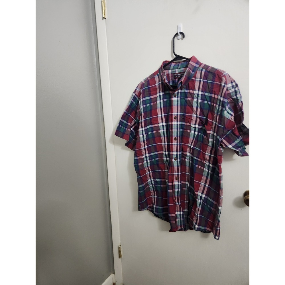 Roundtree & Yorke Mens Large Plaid Short Sleeve Button Down Shirt Cotton Red